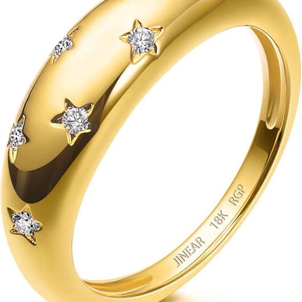 18k Gold Plated Croissant Braided Twisted Signet Chunky Dome Ring Stacking Star